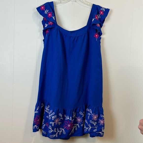 Loft Linen Cotton Floral Embroidered Ruffle Square Neck Swing Dress - Picture 4 of 9